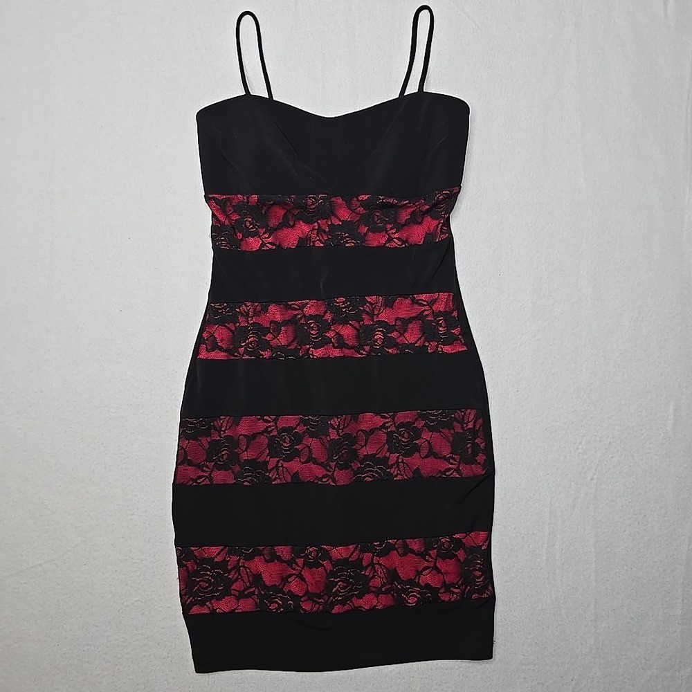 SWEET STORM Bandage Dress Lace Bodycon Y2k Spaghetti Strap Small black Red Heart